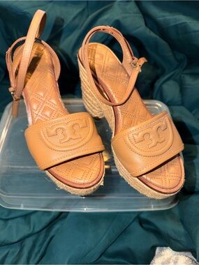 Tory Burch Tan Leather Espadrille Wedge Sandals